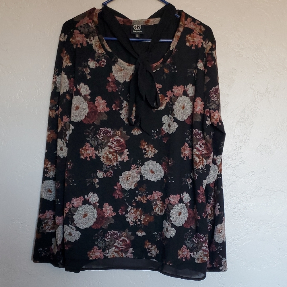 BOBEAU Floral Long Sleeve Women's Top XL Tie Neck Sheer Back Flap